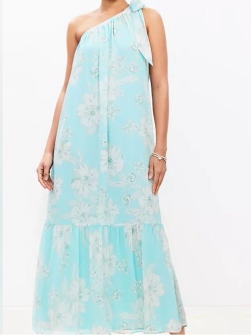 LOFT One-Shoulder Floral Maxi Dress in Aqua